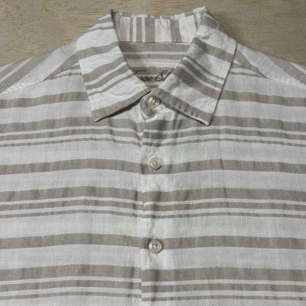 Tasso Elba Men Linen Shirt Cream Tan Striped Short Sleeve Button Up Size Small